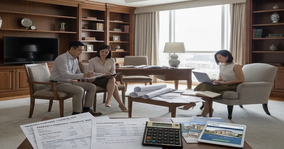 Photograph of a physical scale model of a high-rise building on a desk with computer monitors visible in the background.