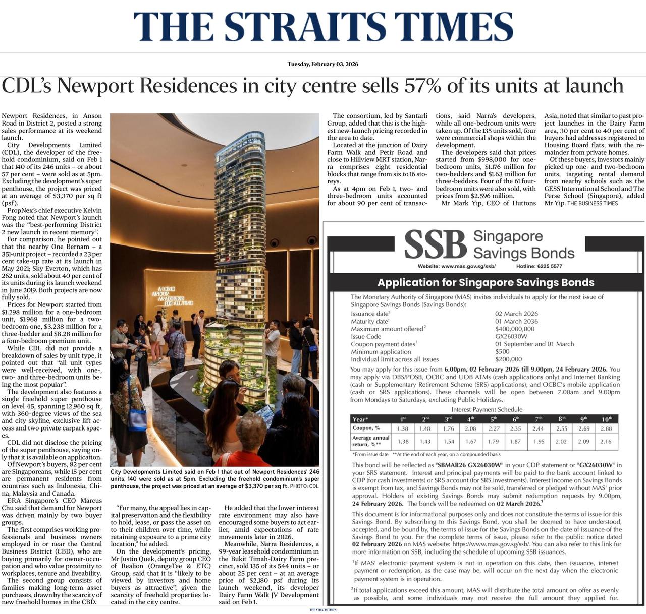 The Straits Times reporting CDL's Newport Residences selling 57 percent of its units at launch