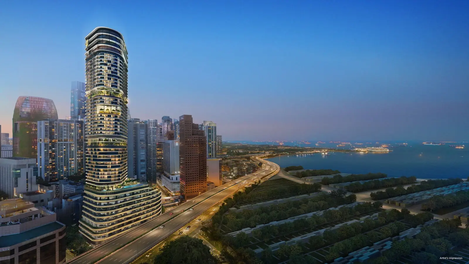 Exterior facade of Newport Residences integrated high-rise development in the CBD.