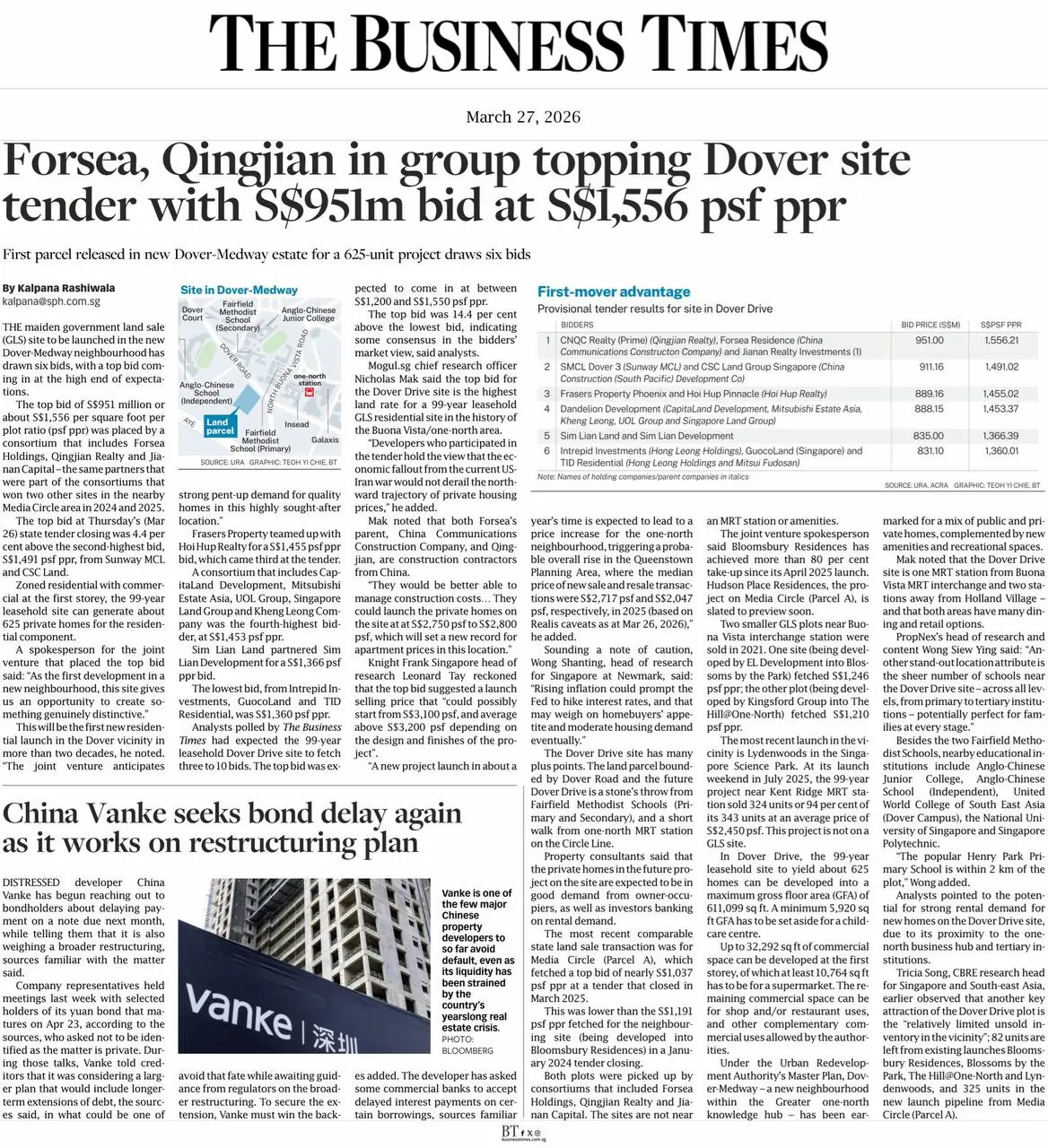 The Business Times report dated March 27, 2026, showing Forsea and Qingjian topping the Dover site tender with a $951 million bid at $1,556 psf ppr.