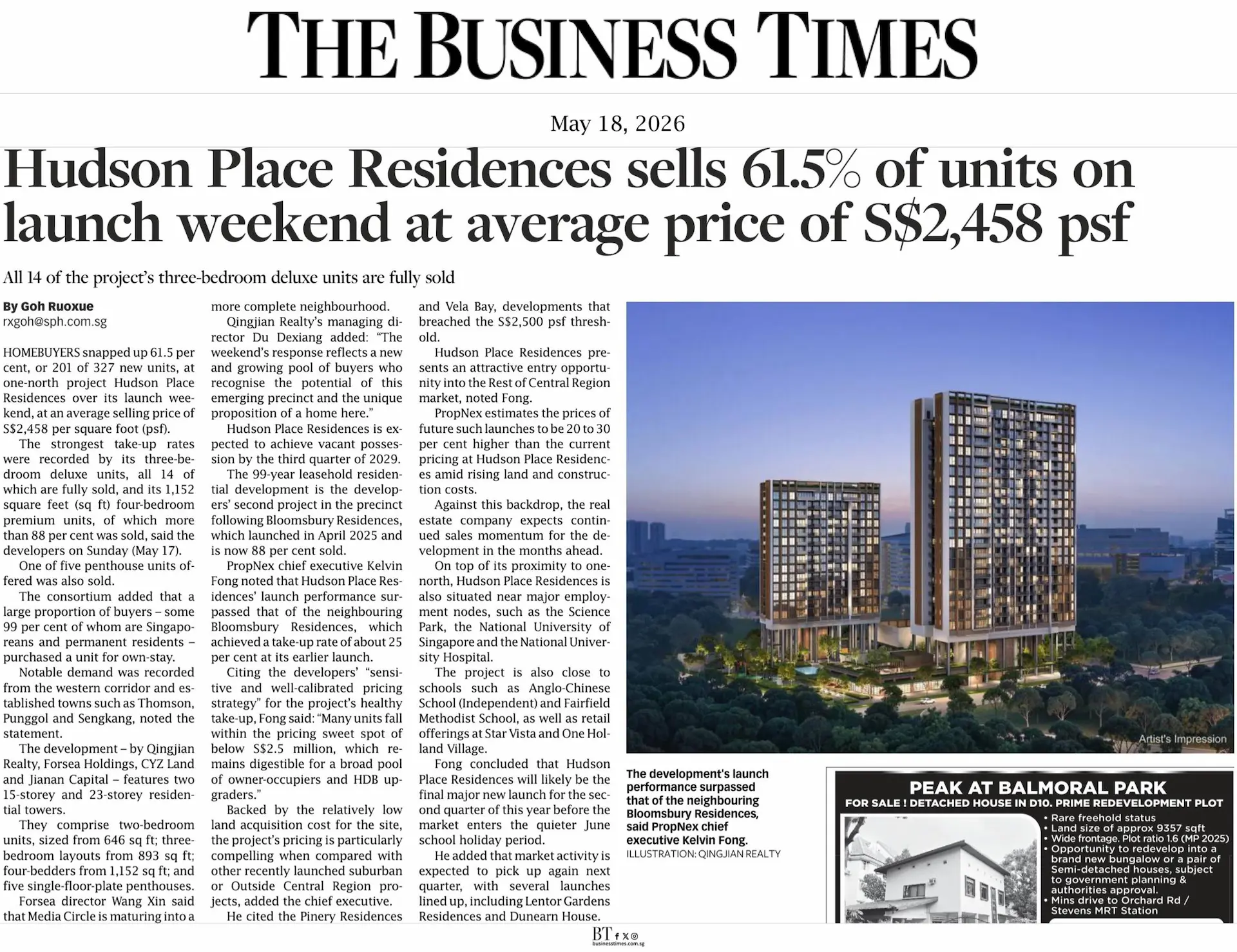 The Business Times report dated May 18, 2026, showing Hudson Place Residences selling 61.5 percent of units at an average price of S$2,458 psf during its launch weekend.