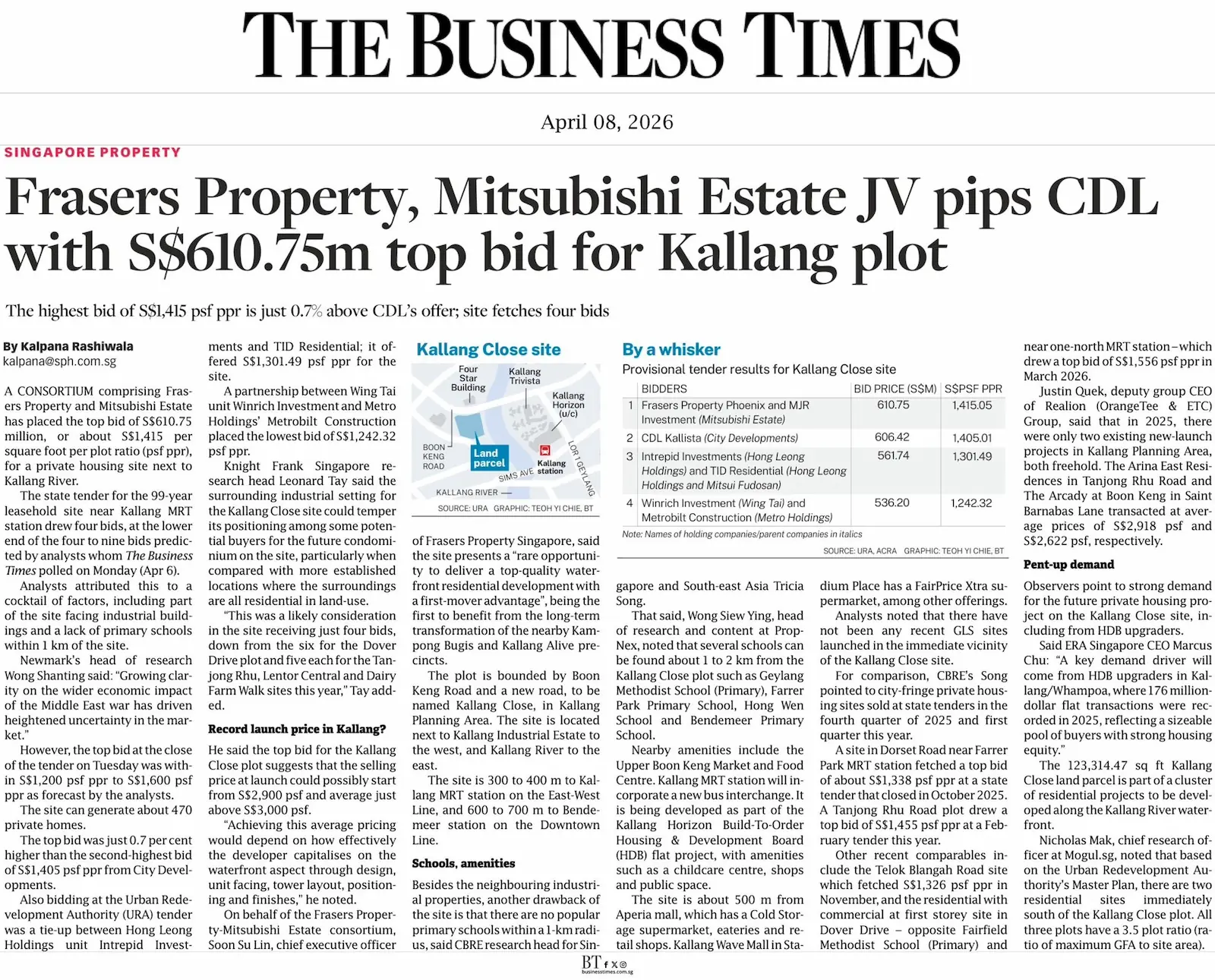 The Business Times report dated April 8, 2026, showing Frasers Property and Mitsubishi Estate topping the Kallang Close site tender with a S$610.75 million bid.