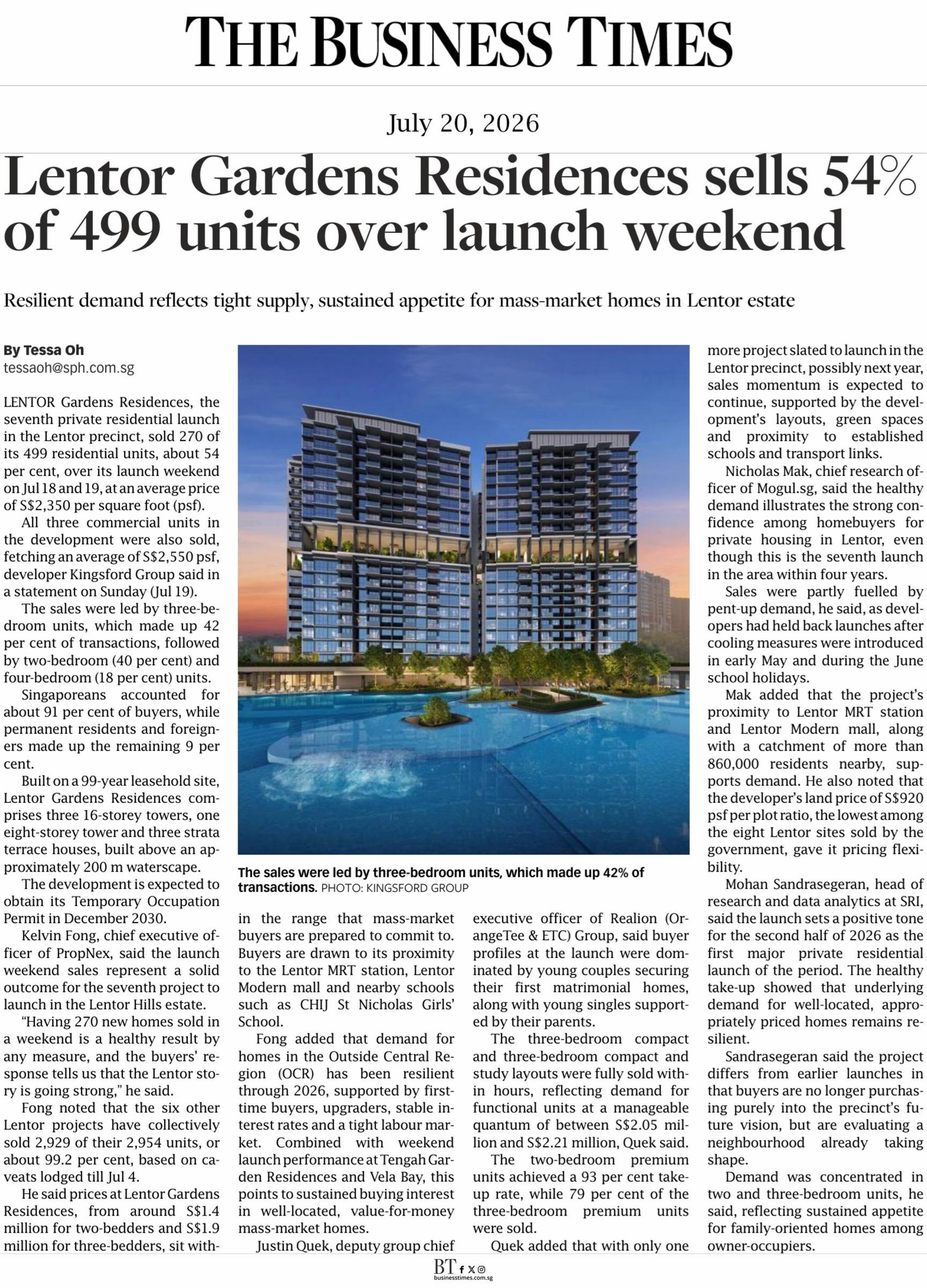 The Business Times report dated July 20, 2026, showing Lentor Gardens Residences selling 54 percent of its 499 units at an average of S$2,350 psf during its launch weekend.