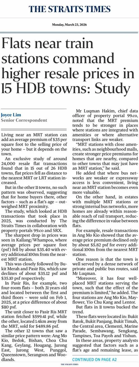 Straits Times full report on flats near train stations commanding higher resale prices.