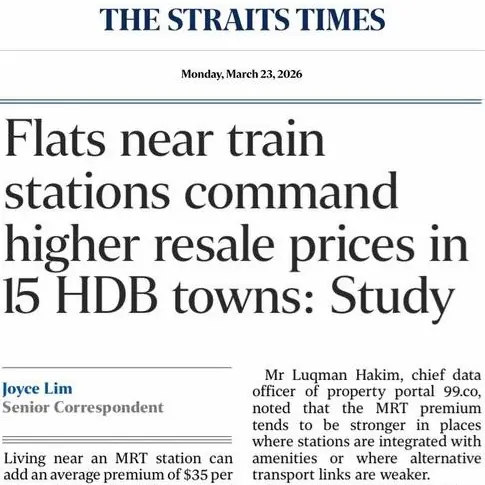 Straits Times 2026 study showing flats near train stations command higher resale prices in 15 HDB towns while lease decay affects 11 others.