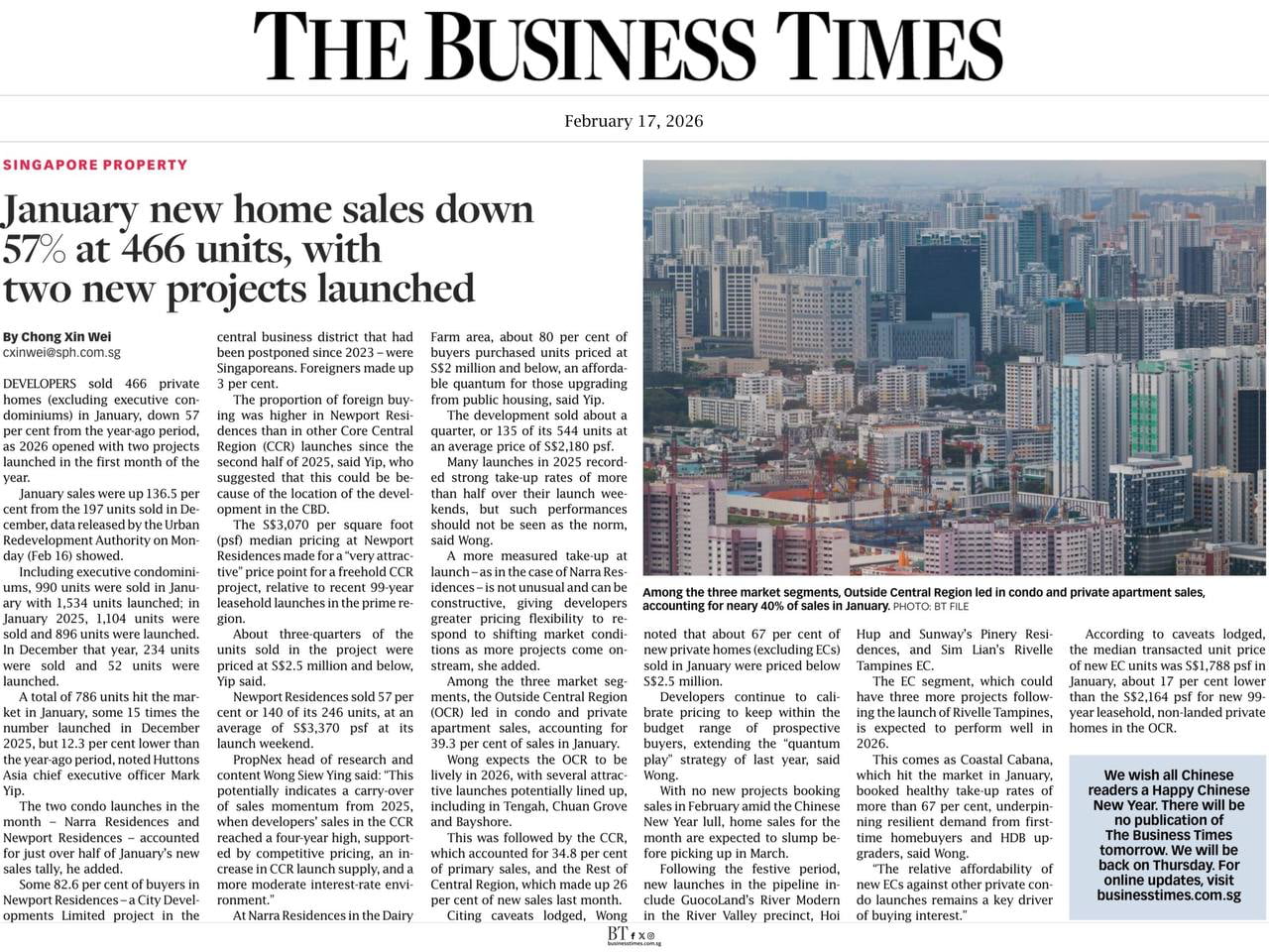 Business Times Report showing January 2026 new home sales up by 136.5 percent