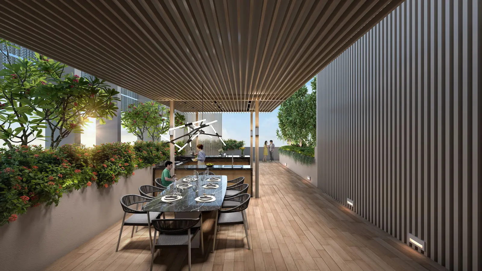 Outdoor dining pavilion and landscaped gardens at Arina East Residences District 15 condominium development.