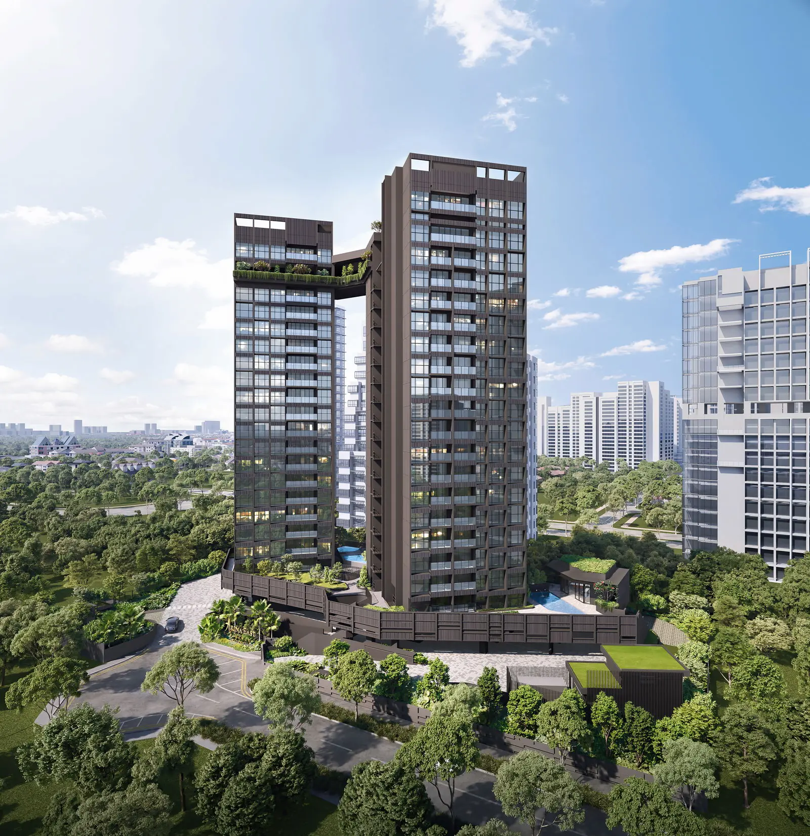 Elevated drone view of the dual towers at Arina East Residences situated in the Tanjong Rhu District.