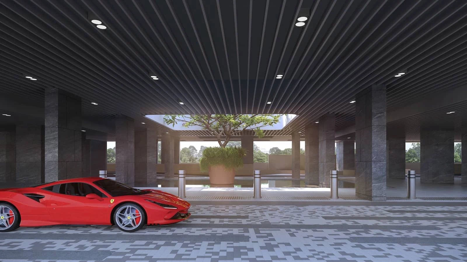 Covered arrival drop-off point and driveway at Arina East Residences in Tanjong Rhu.