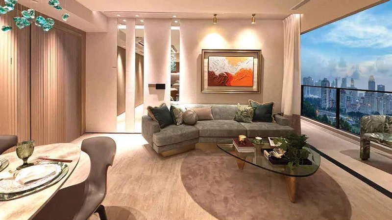 Living room interior featuring a balcony with city skyline views at Arina East Residences.