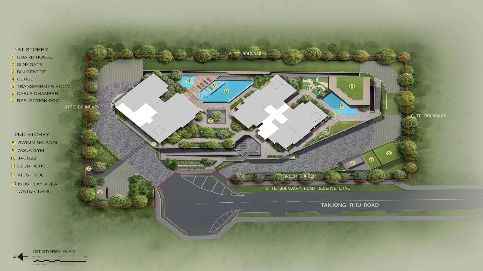 Master site plan illustrating the layout, swimming pools, and landscaping for Arina East Residences.