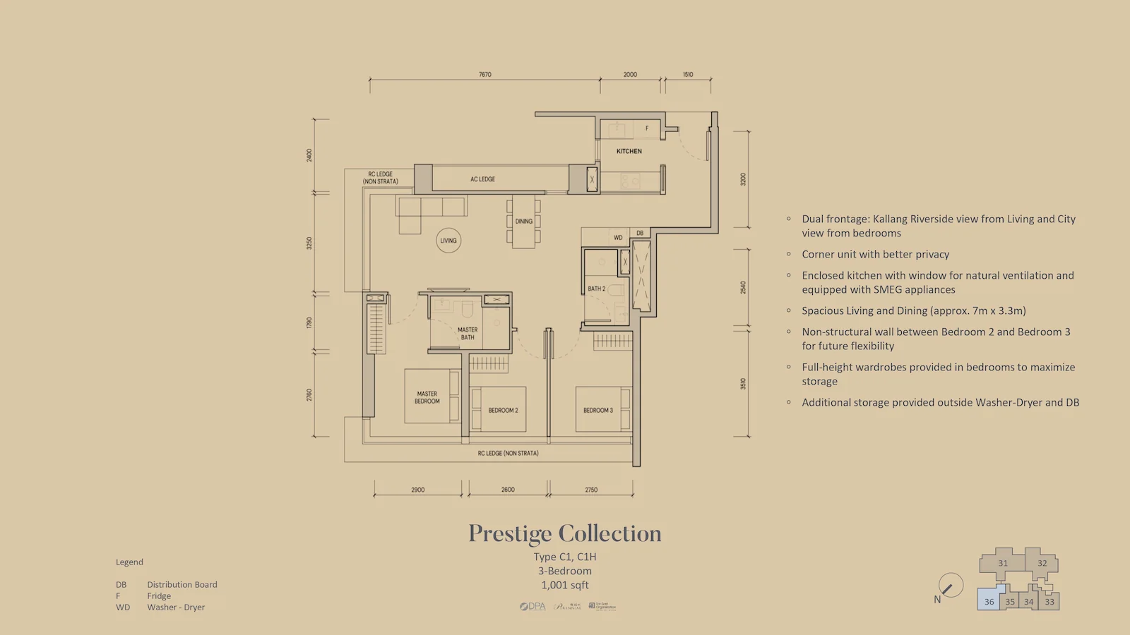 Aurea 3-bedroom Type C1 floor plan, Singapore.