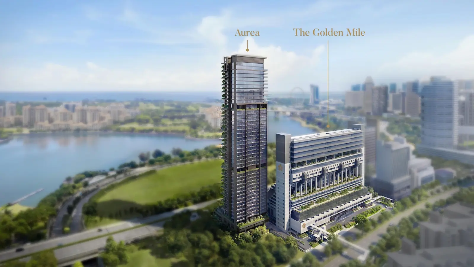 Aurea condo aerial perspective with The Golden Mile, Kallang Basin and Marina Bay skyline, Singapore.