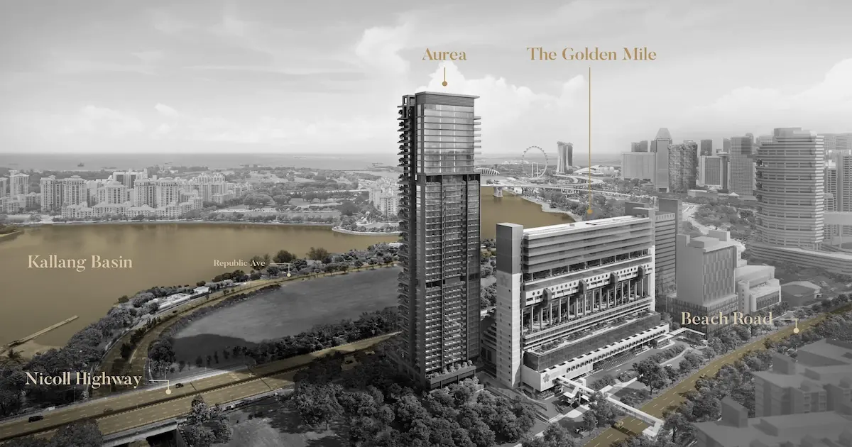 Aurea aerial view showing surrounding landmarks Kallang Basin, Nicoll Highway and Beach Road, Singapore.