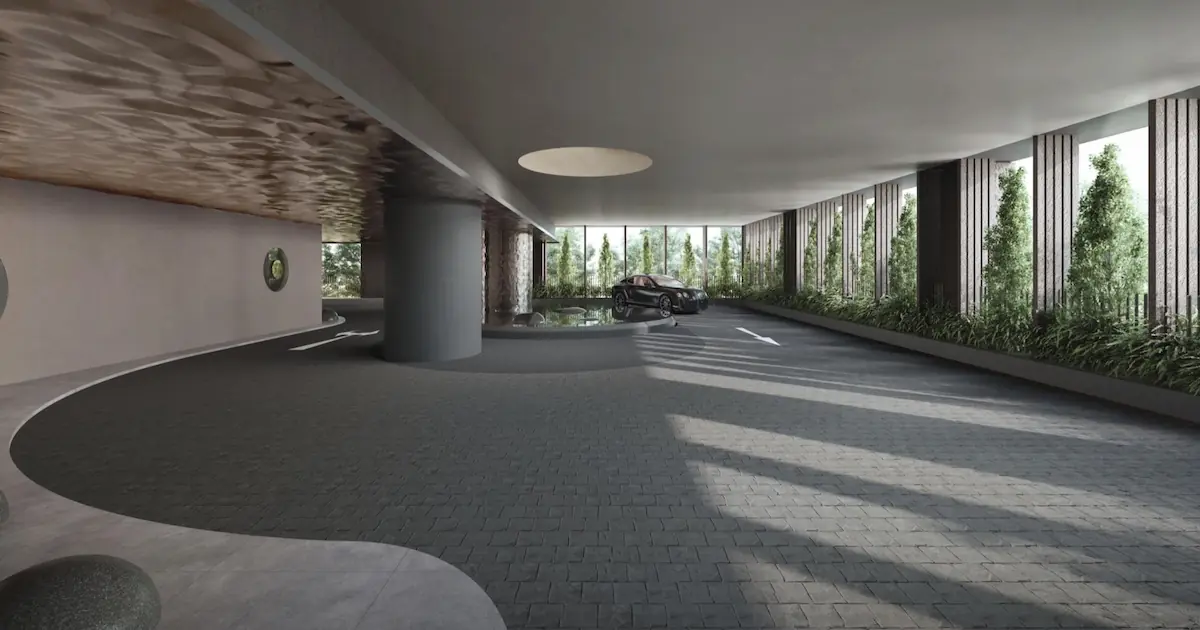 Aurea arrival court drop-off with landscaped driveway, Singapore.