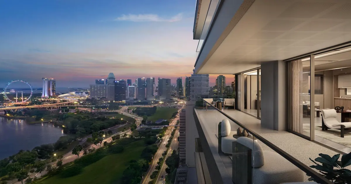 Aurea private balcony with views of Marina Bay skyline at dusk, Singapore.