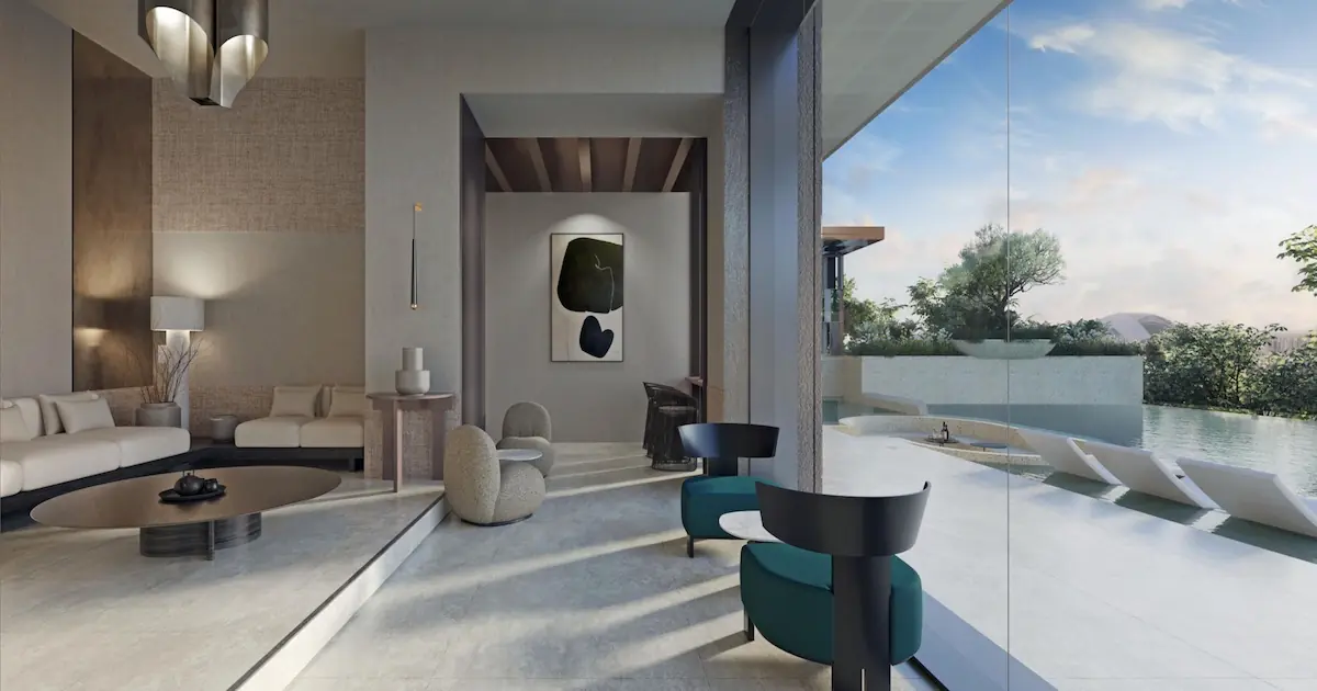 Aurea clubhouse interior with view of infinity pool, Singapore.