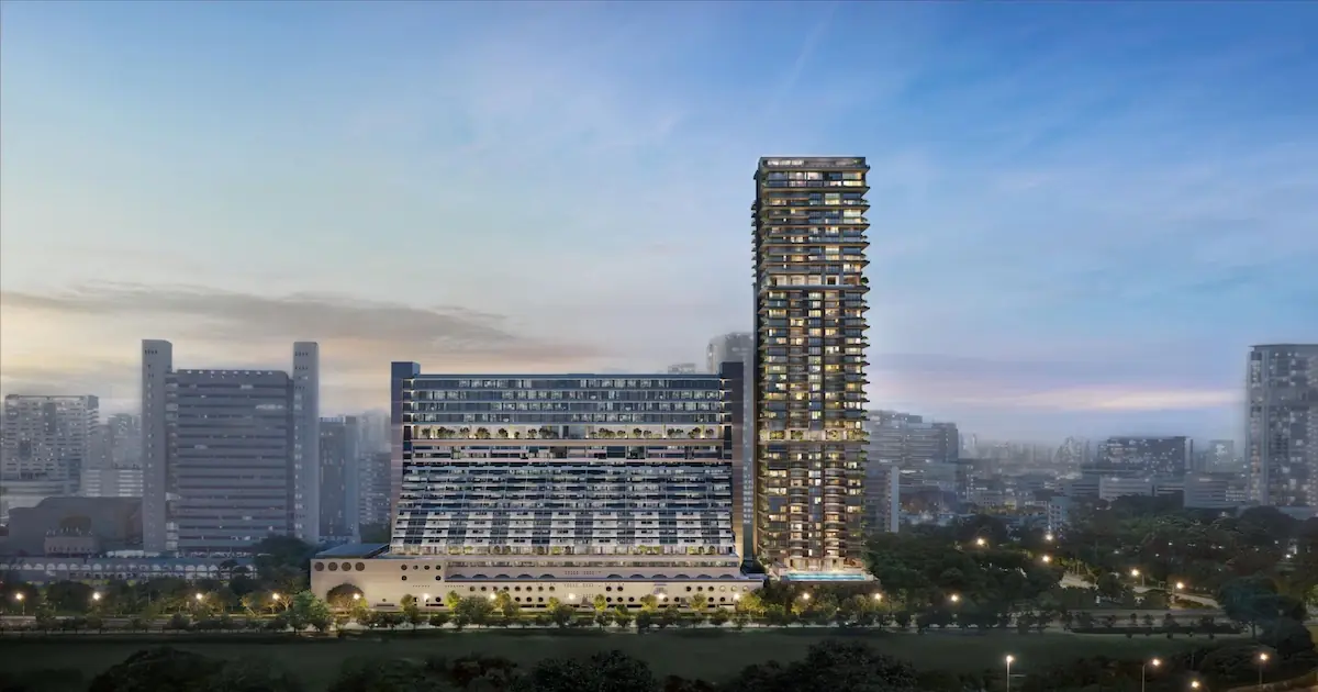 Aurea tower exterior at dusk beside The Golden Mile heritage building, Singapore.