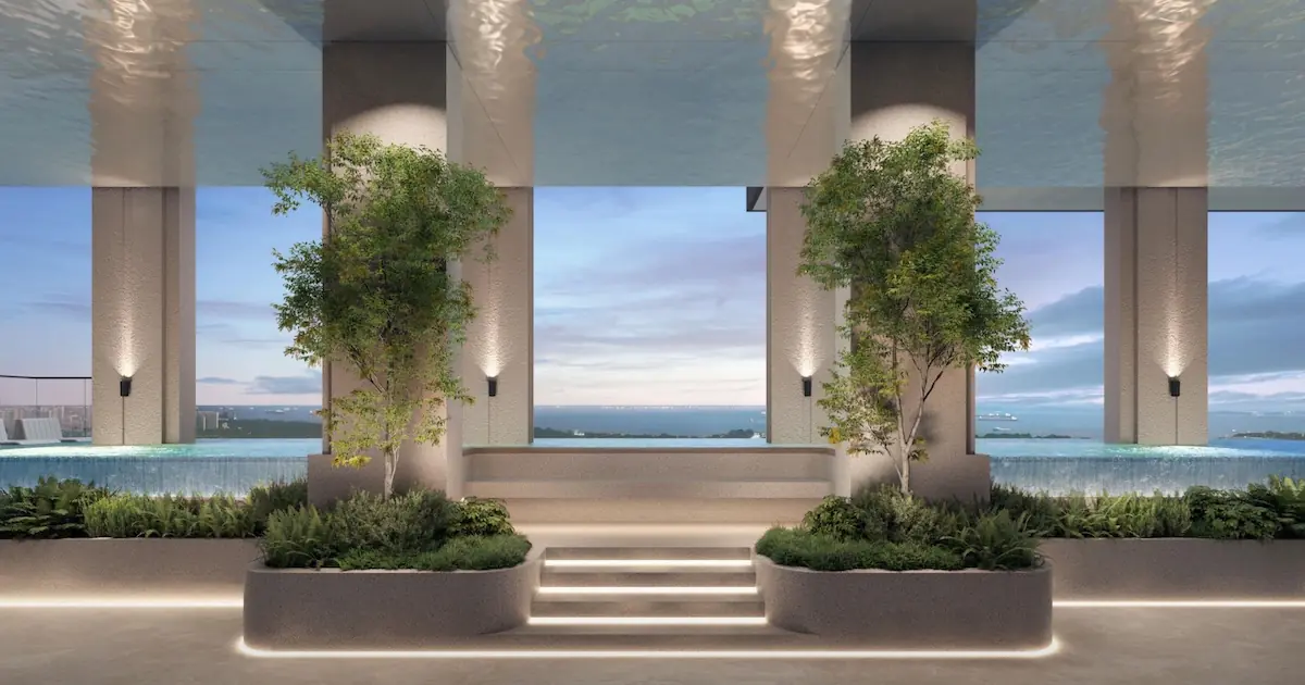 Aurea rooftop infinity pool with panoramic sea views, Singapore.