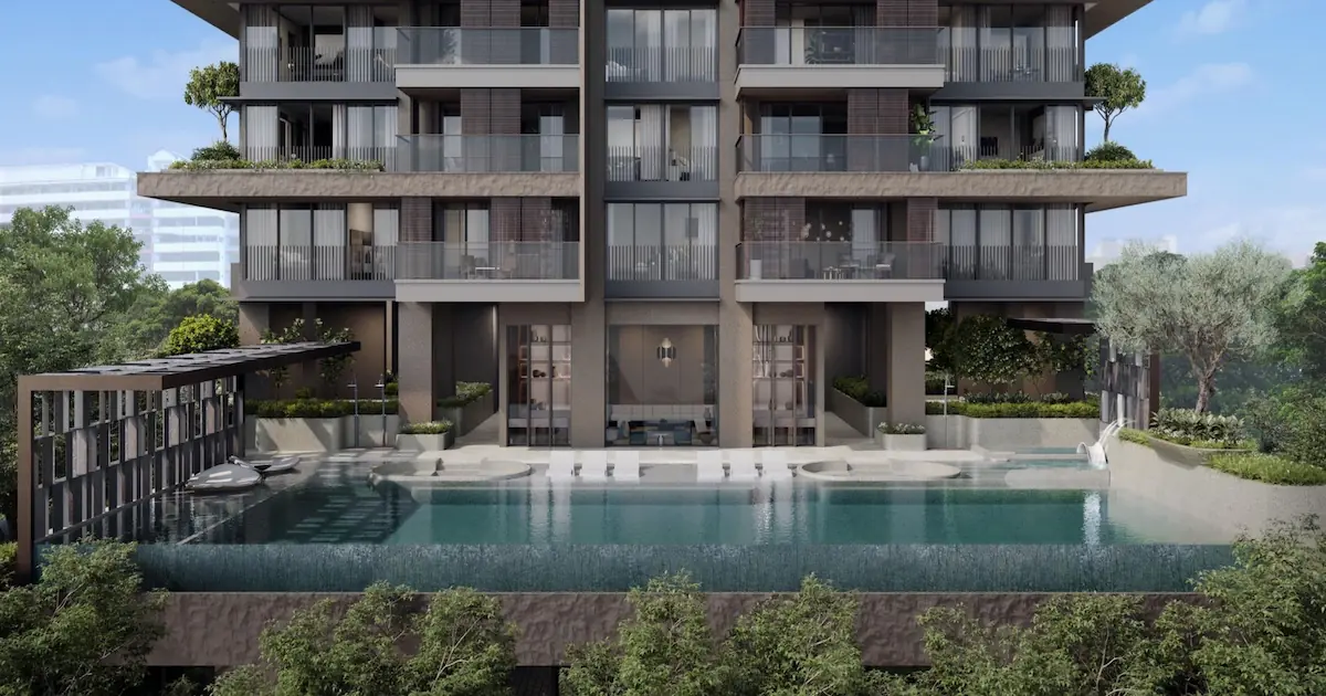 Aurea sky terrace pool at tower base with surrounding greenery, Singapore.