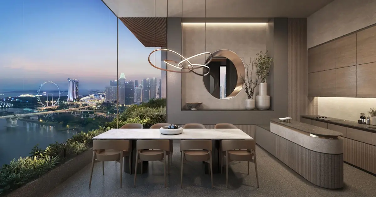 Aurea sky villa kitchen and dining area overlooking Marina Bay, Singapore.