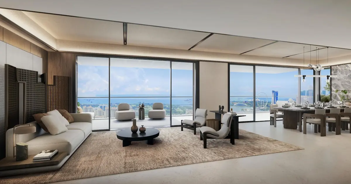 Aurea sky villa living room with panoramic sea and Marina Bay views, Singapore.