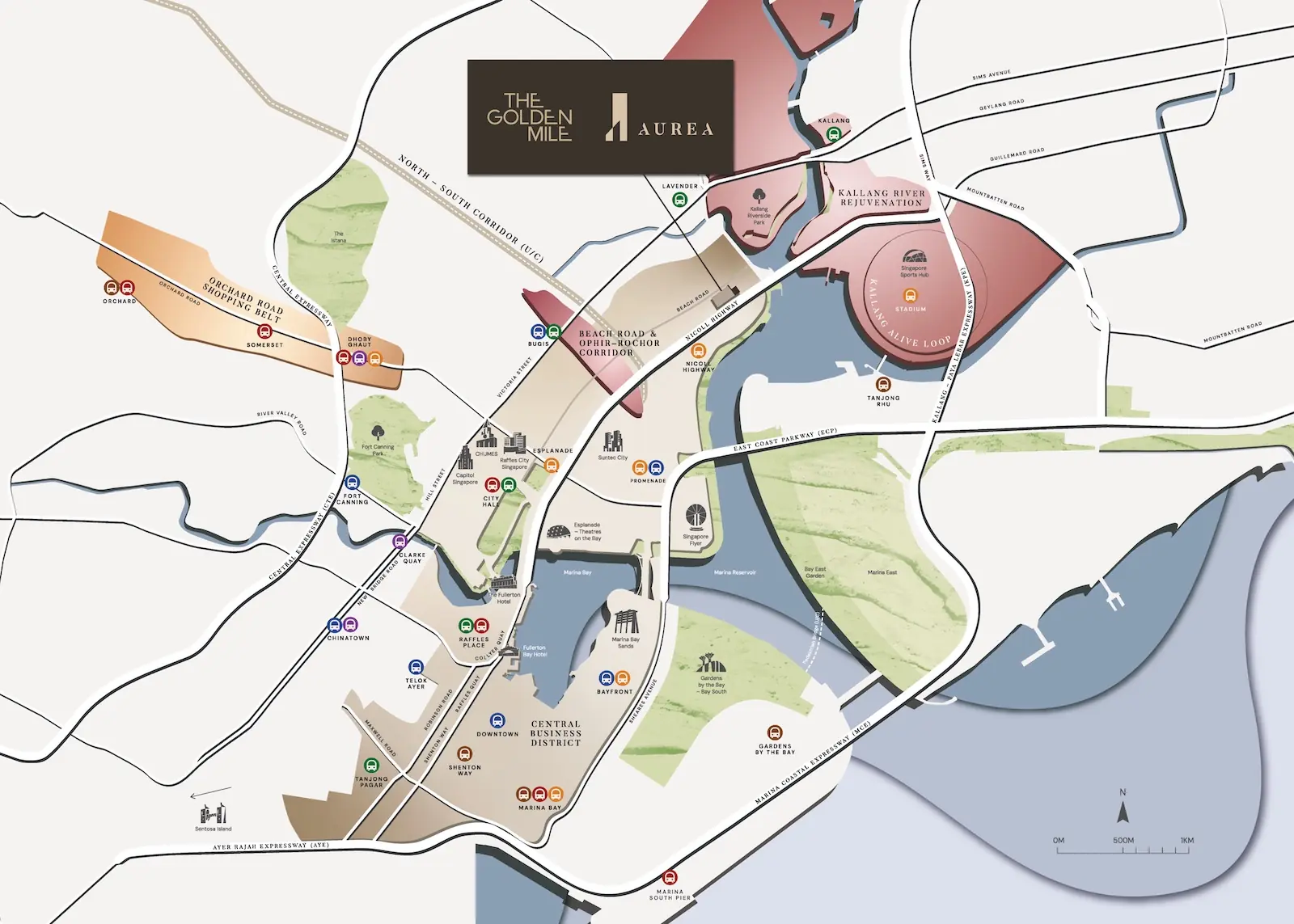 Aurea location map showing proximity to Marina Bay, Orchard Road and Kallang Alive precinct, Singapore.