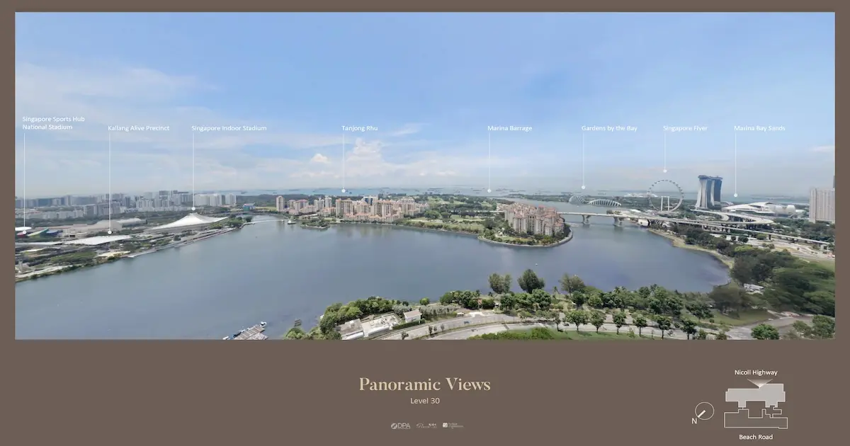 Aurea panoramic view from Level 30 facing Kallang Basin, Sports Hub and Marina Bay Sands, Singapore.