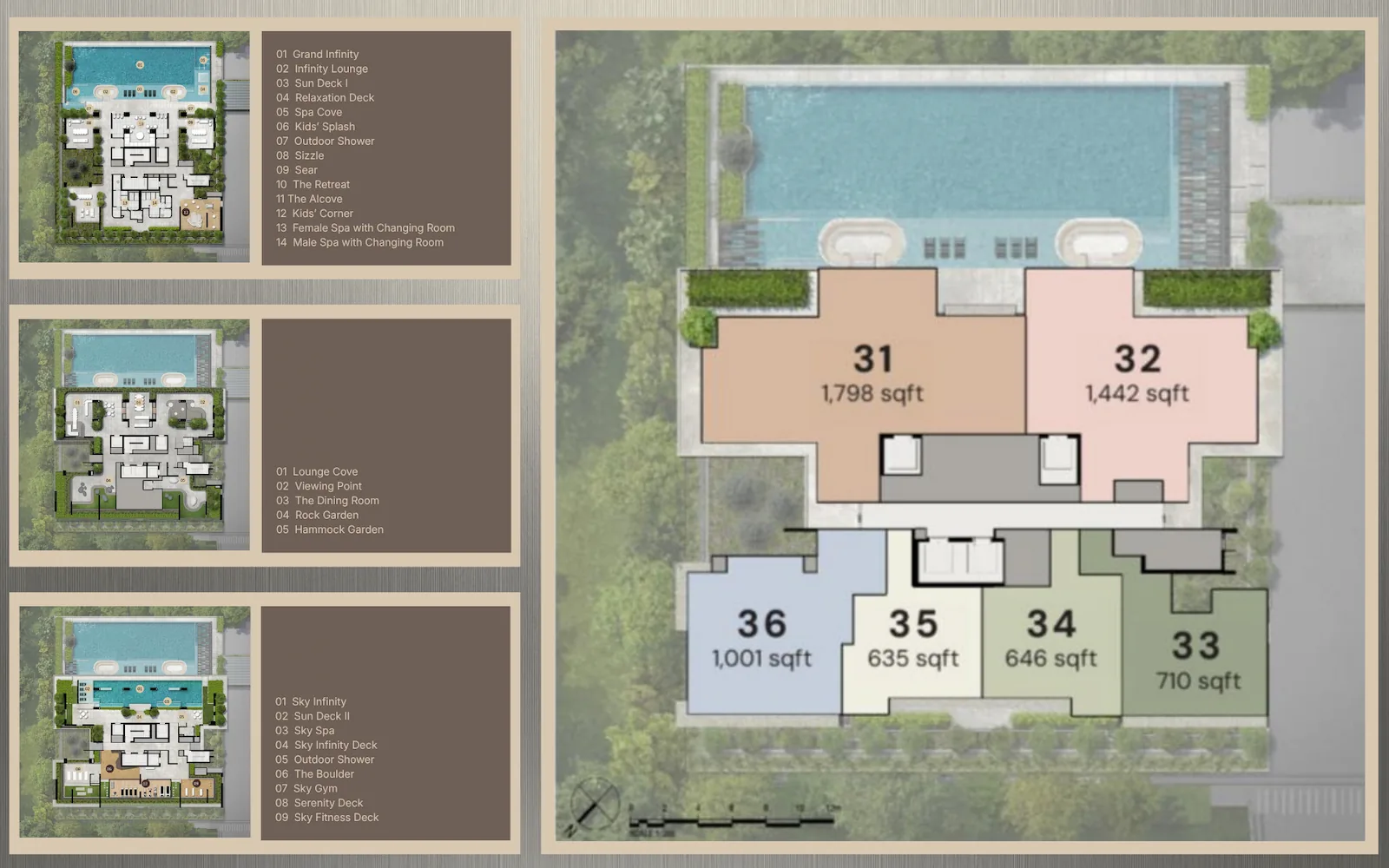 Aurea site plan showing Level 3 pool deck, Level 17 sky terrace and Level 33 sky deck facilities with typical floor unit stack layout, Singapore.