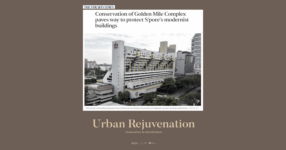 Aurea urban rejuvenation context with Straits Times feature on Golden Mile Complex conservation, Singapore.