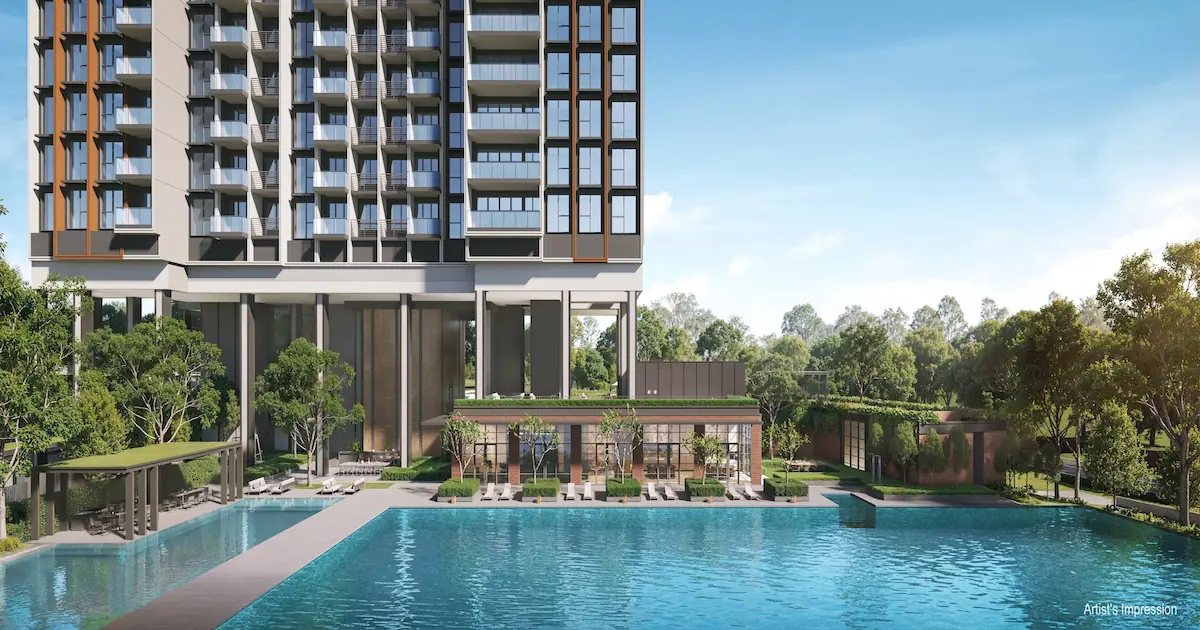 Hudson Place Residences 50-metre lap pool fronting the Hudson Club clubhouse, framed by sun deck and landscaped greenery.