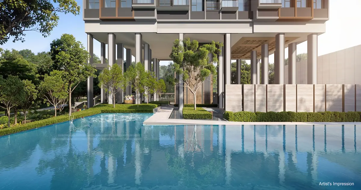 Hudson Place Residences elevated tower podium with social pool deck framed by landscaping at ground level.