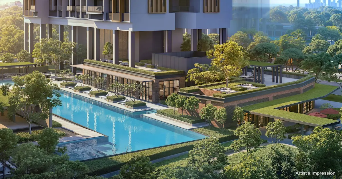 Aerial view of Hudson Place Residences showing the 50-metre pool, BBQ pavilion and Hudson Terrace upper-level lounge.