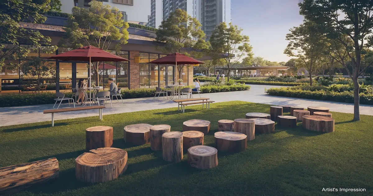 Hudson Place Residences Hudson Plaza retail frontage with alfresco cafés and log seating on the open lawn.