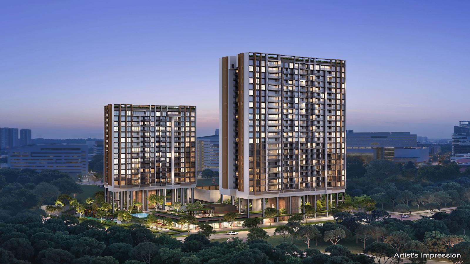 Architectural artist's impression of Hudson Place Residences at Media Circle, with two-block elevated massing overlooking the one-north precinct and heritage Wessex Estate greenery.
