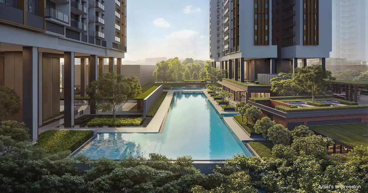 Hudson Place Residences pool deck framed between Block 18 and Block 20 residential towers.