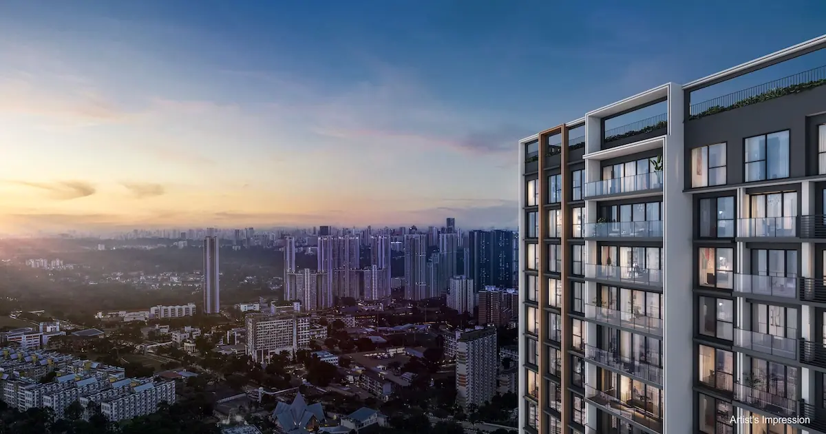 Hudson Place Residences upper-floor balconies overlooking the one-north and Queenstown skyline at sunset.
