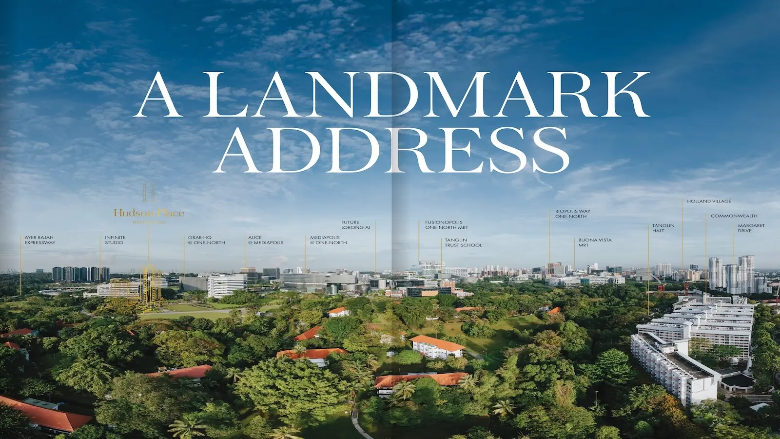 Aerial view of Hudson Place Residences in one-north showing connectivity to Mediapolis, Fusionopolis, Tanglin Trust School and Buona Vista MRT.