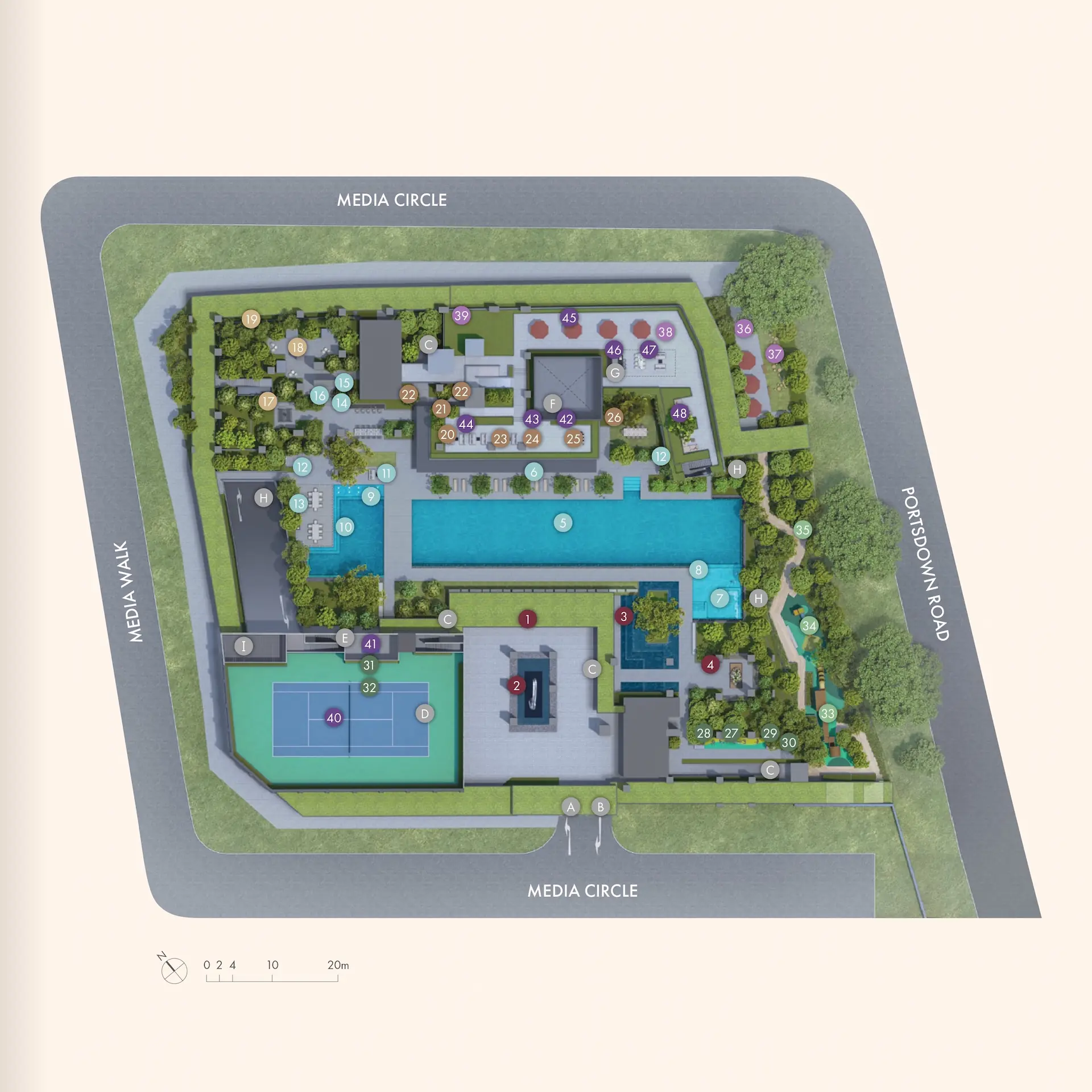 Hudson Place Residences site plan showing 9 facility zones across the 7,629.7 sqm Media Circle site, including Hudson Arrival, The Pools, Hudson Club, Hudson Green, Hudson Linear Park, Hudson Plaza and Hudson Terrace.