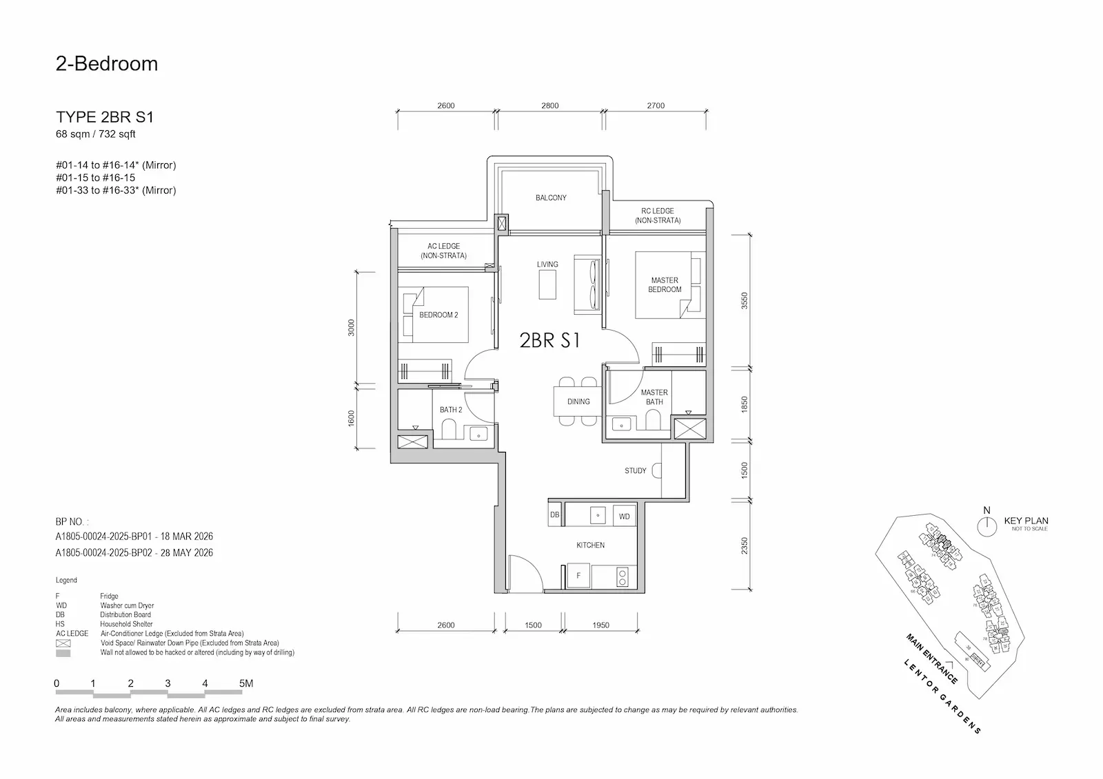Lentor Gardens Residences 2BR S1 floor plan, 68 sqm / 732 sqft, 2-bedroom + study layout.