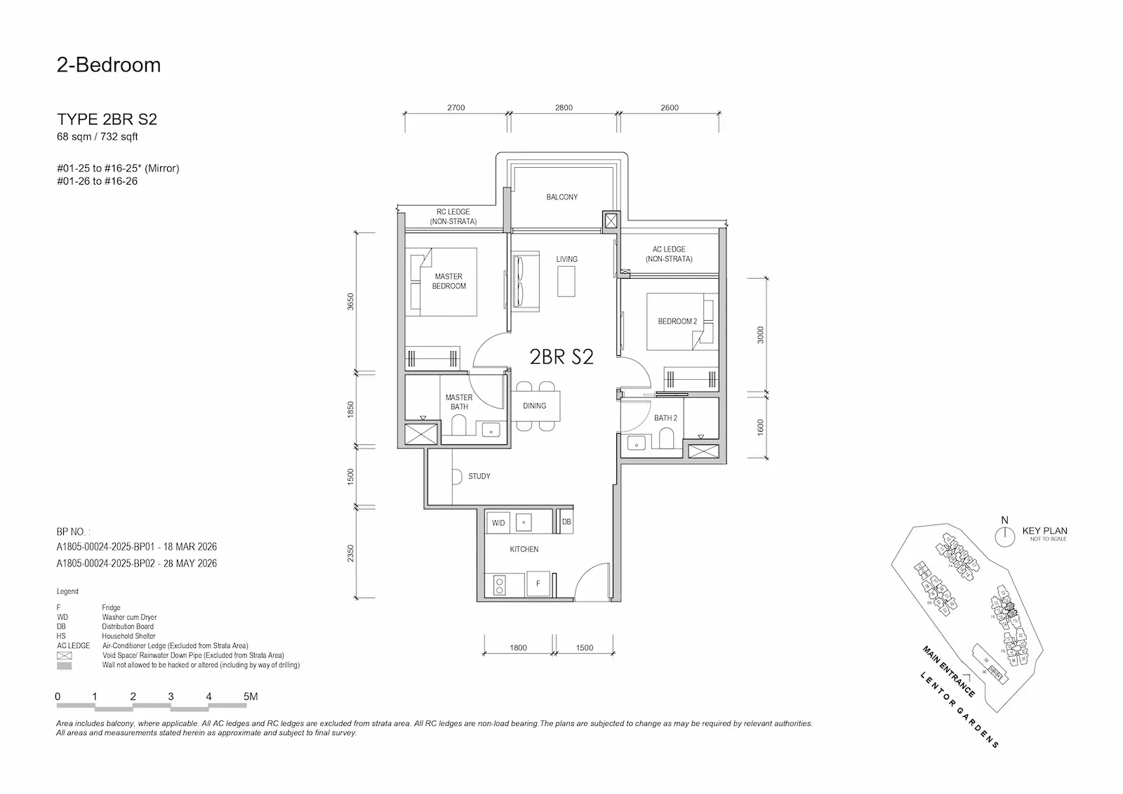 Lentor Gardens Residences 2BR S2 floor plan, 68 sqm / 732 sqft, 2-bedroom + study layout.