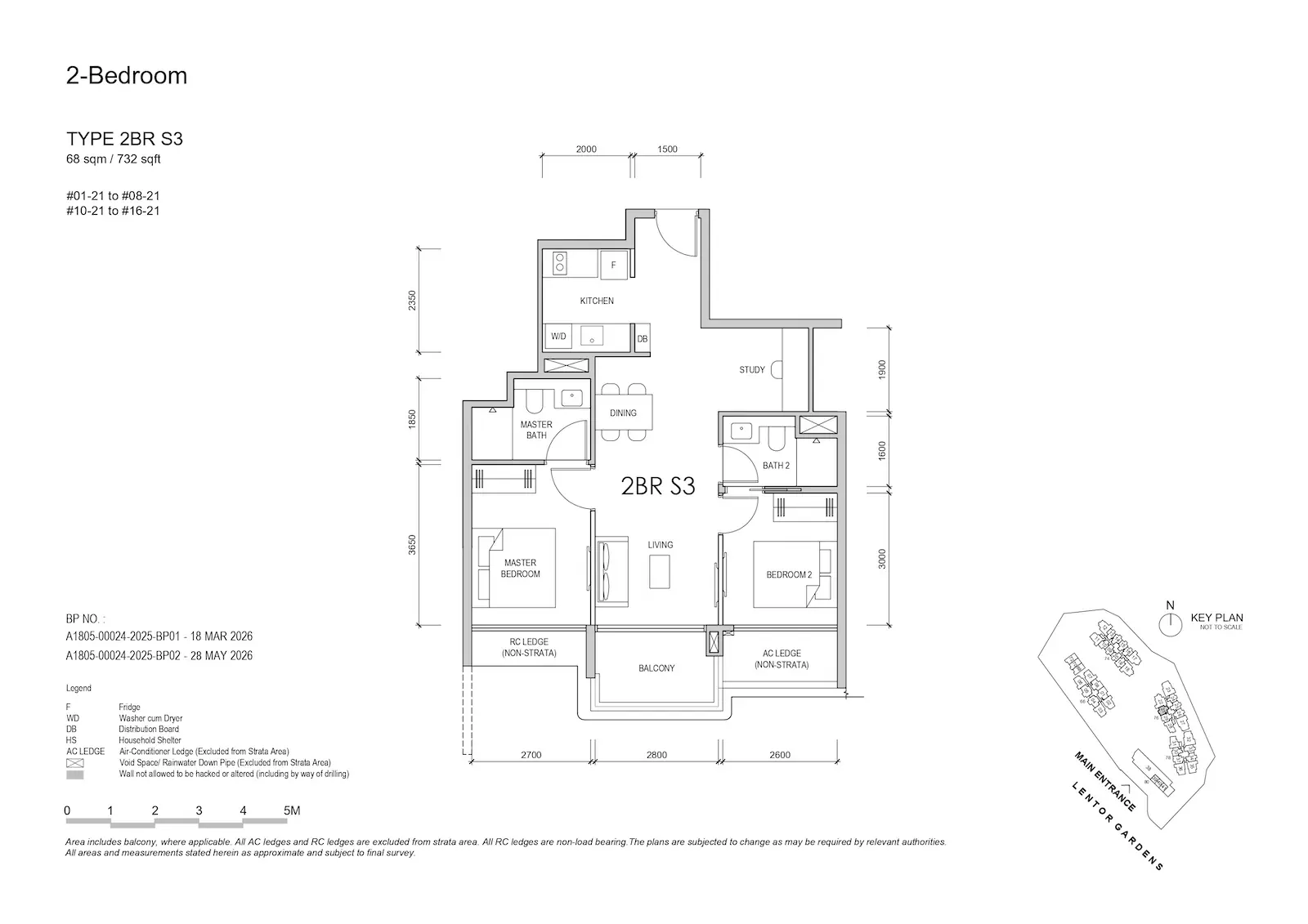 Lentor Gardens Residences 2BR S3 floor plan, 68 sqm / 732 sqft, 2-bedroom + study layout.