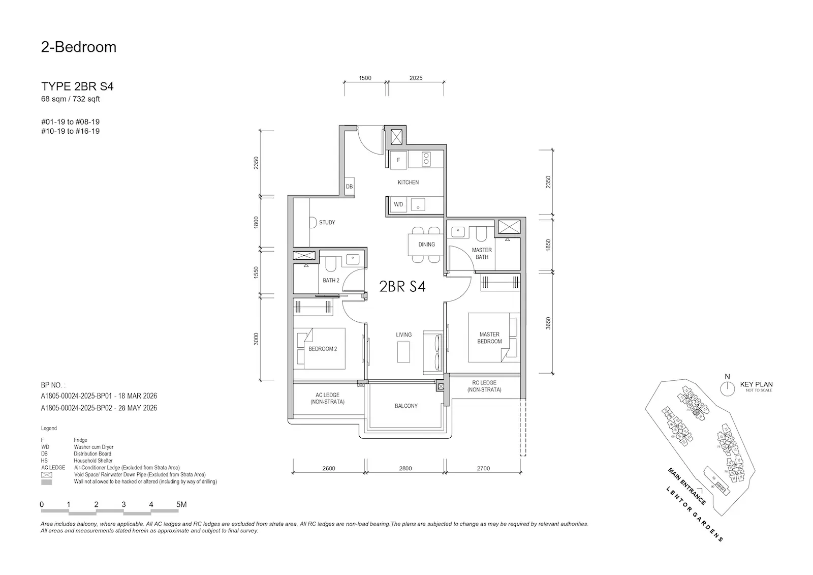 Lentor Gardens Residences 2BR S4 floor plan, 68 sqm / 732 sqft, 2-bedroom + study layout.