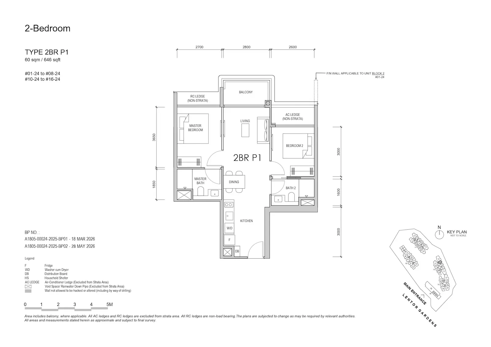 Lentor Gardens Residences 2BR Type P1 floor plan, 60 sqm / 646 sqft, 2-bedroom layout.