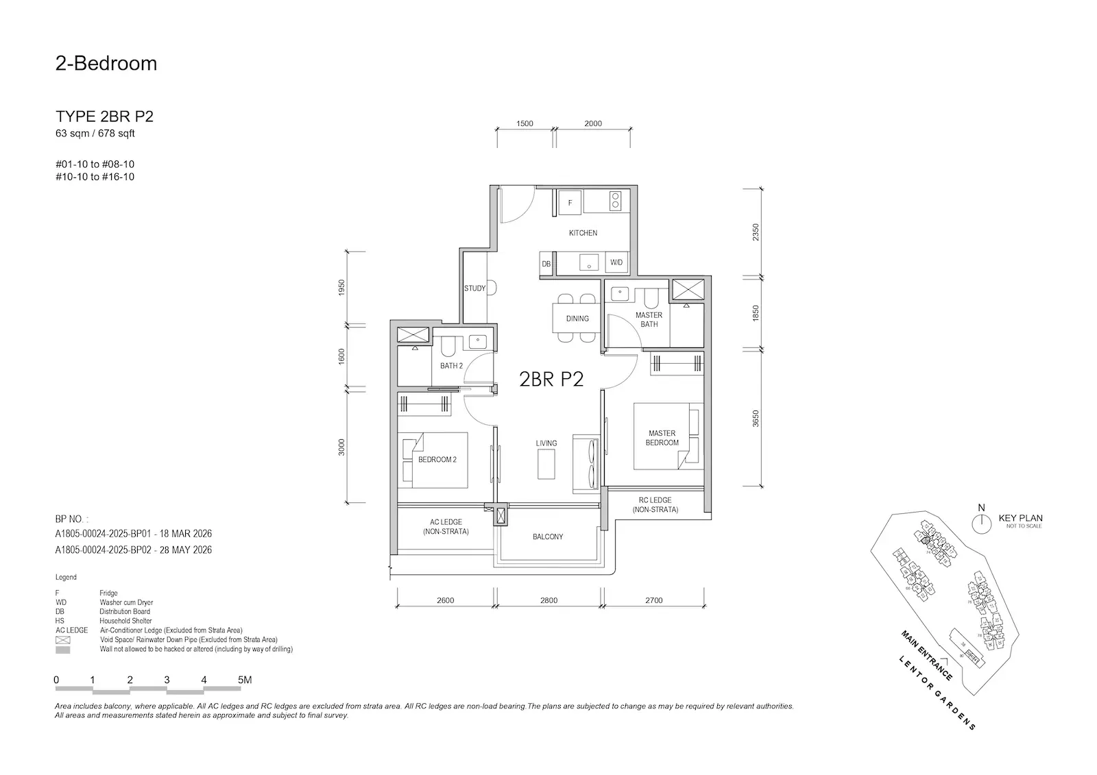 Lentor Gardens Residences 2BR Type P2 floor plan, 63 sqm / 678 sqft, 2-bedroom layout.
