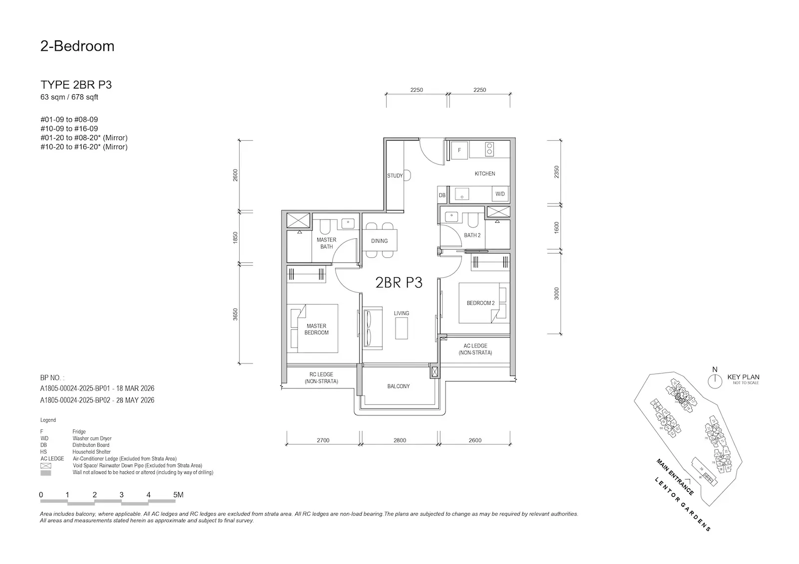 Lentor Gardens Residences 2BR Type P3 floor plan, 63 sqm / 678 sqft, 2-bedroom layout.