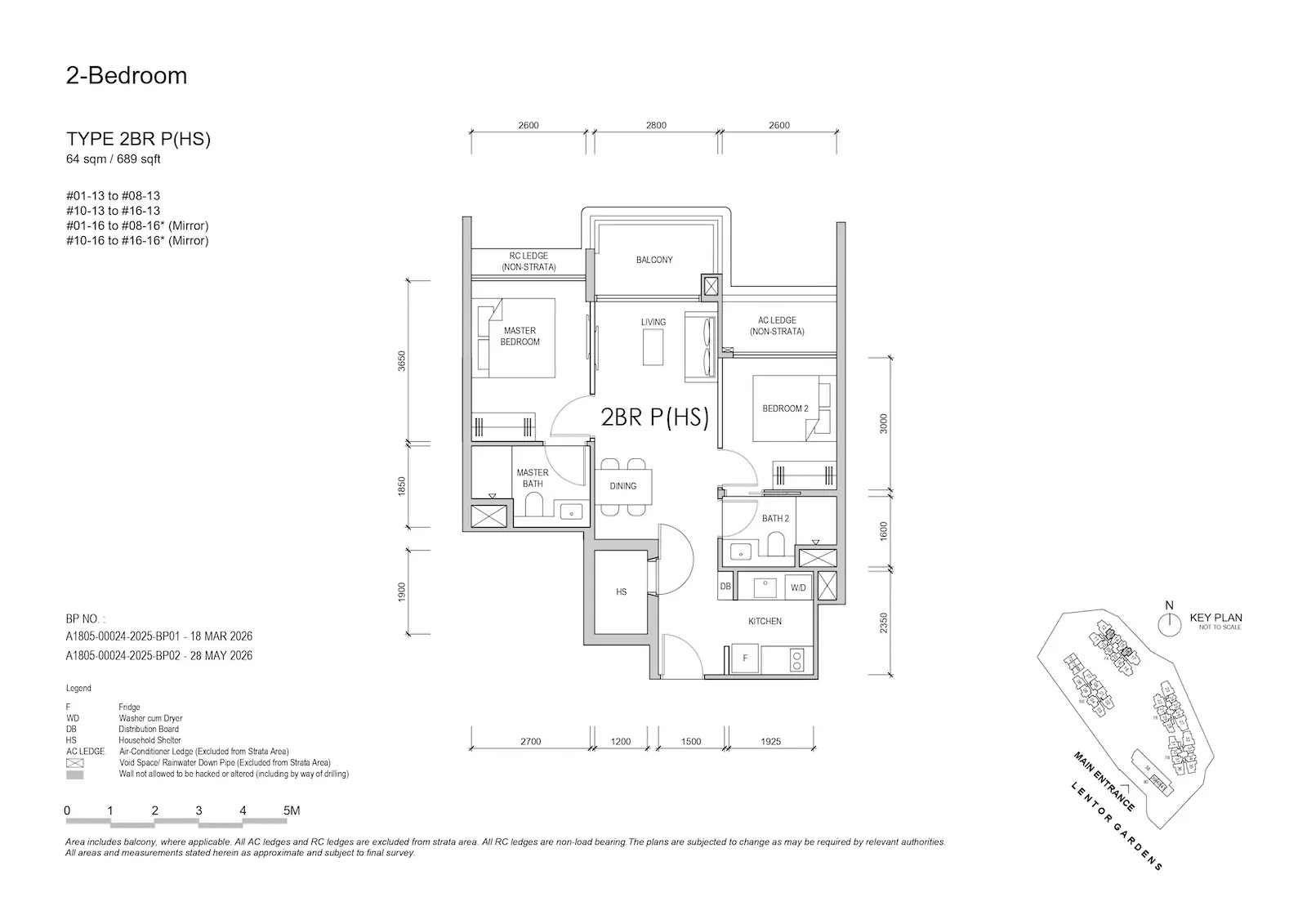 Lentor Gardens Residences 2BR Type P(HS) floor plan, 64 sqm / 689 sqft, 2-bedroom with household shelter.