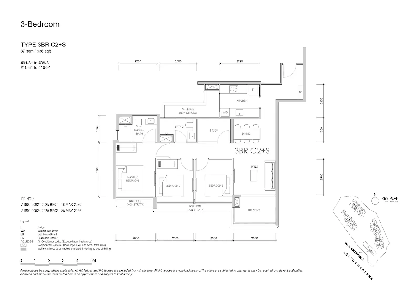 Lentor Gardens Residences 3BR C2+S floor plan, 87 sqm / 936 sqft, 3-bedroom compact + study layout.