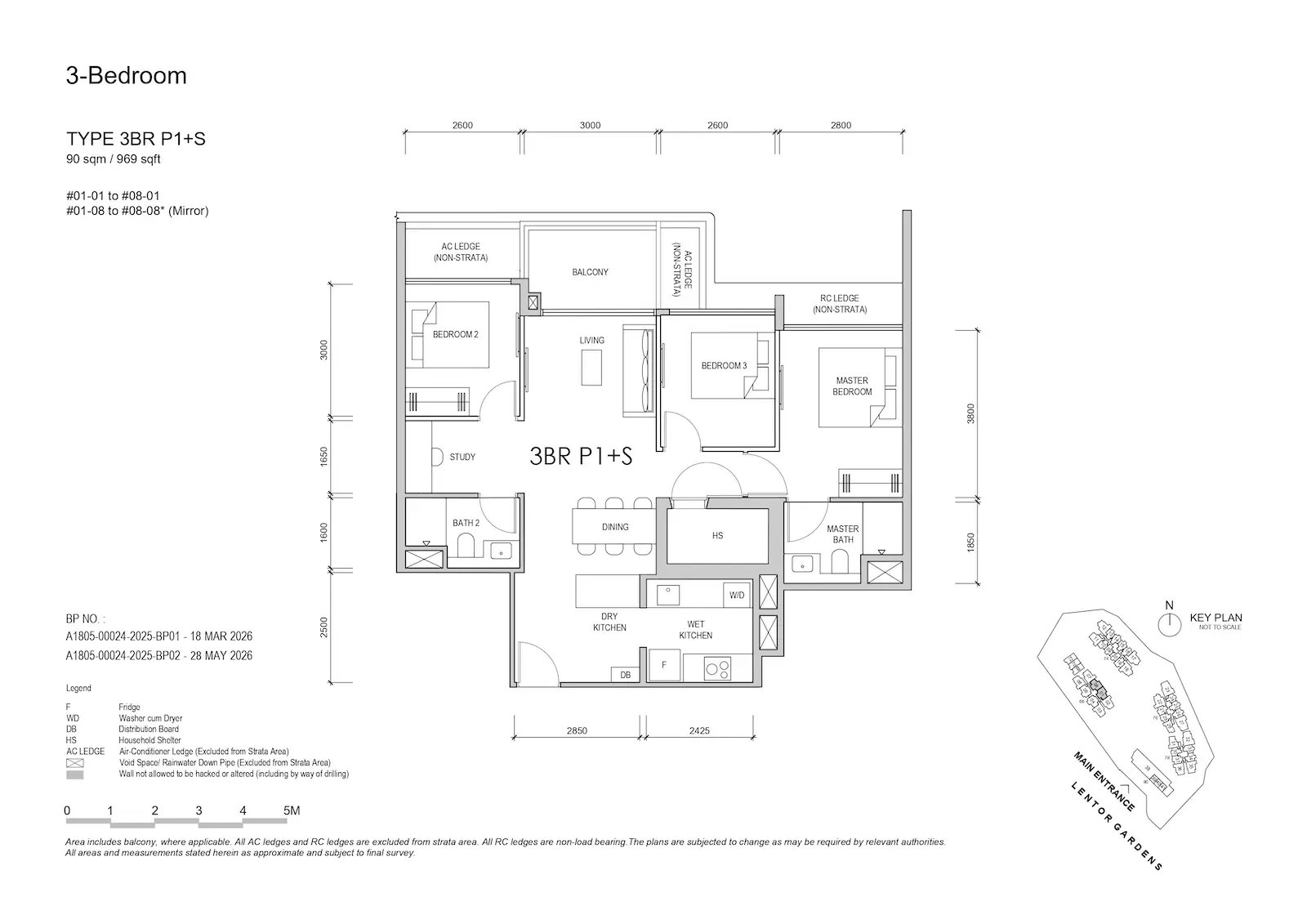 Lentor Gardens Residences 3BR P1+S floor plan, 90 sqm / 969 sqft, 3-bedroom premium + study layout.