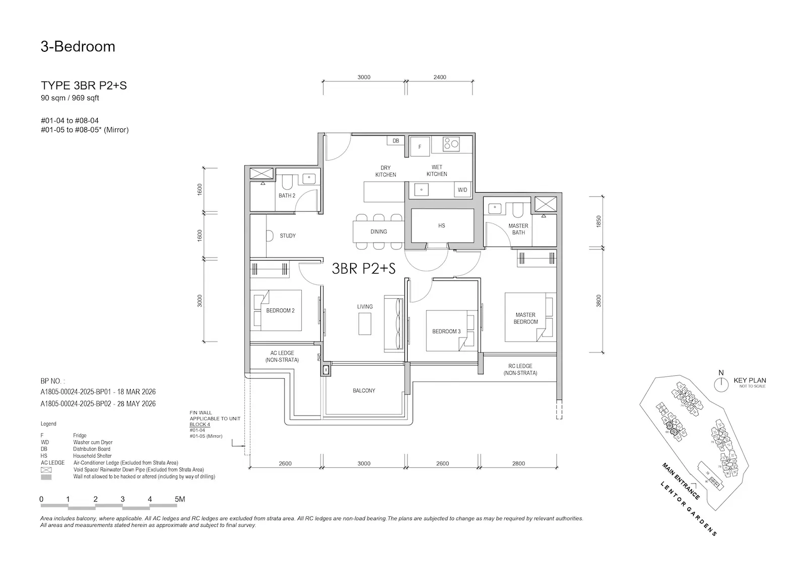 Lentor Gardens Residences 3BR P2+S floor plan, 90 sqm / 969 sqft, 3-bedroom premium + study layout.